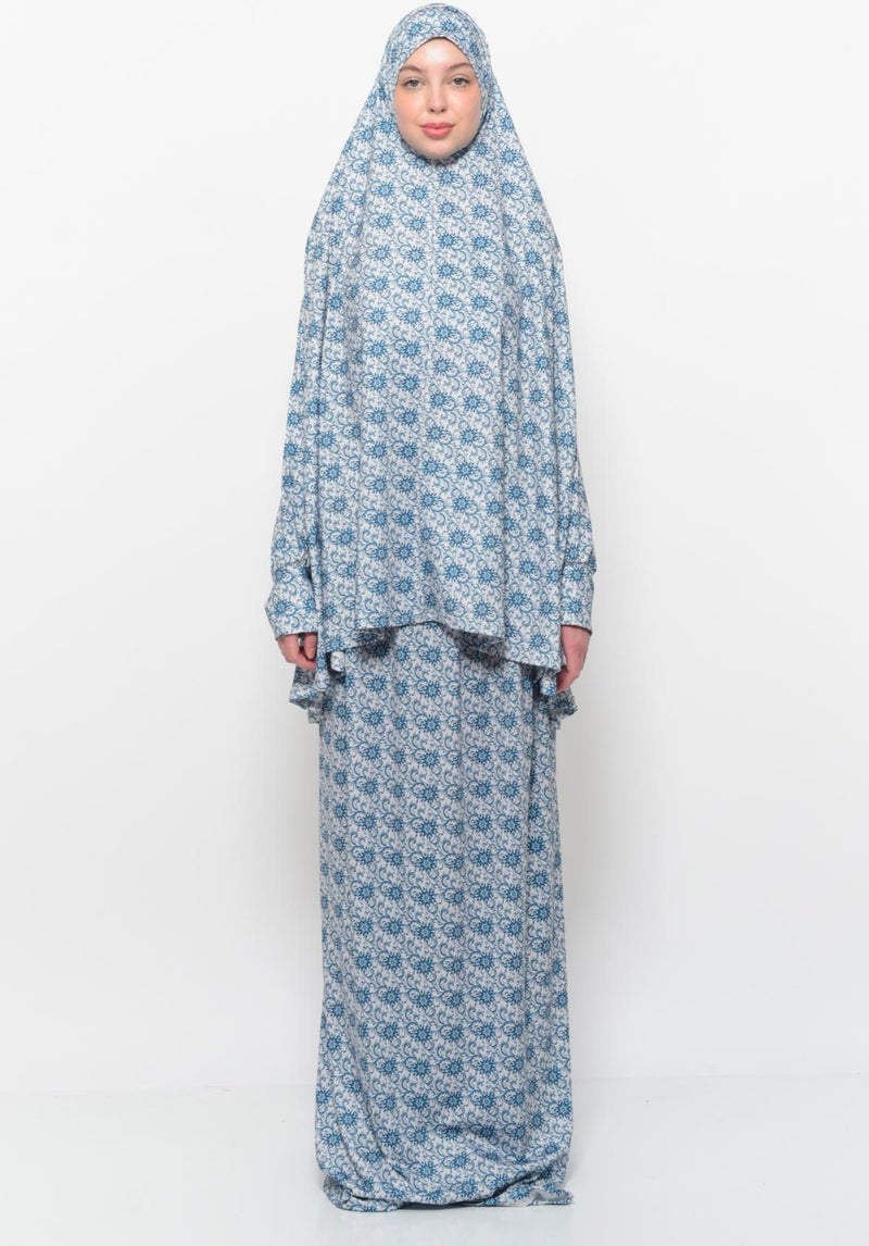 Altobeh Practical Two Piece Sun Patterned Bat Sleeves Lycra Hijab Prayer Dress with Headscarf 992 0327  - Image 1