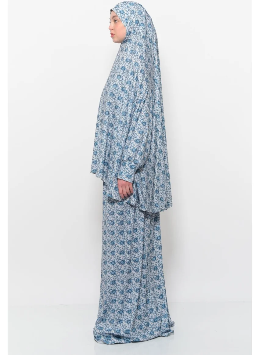 Altobeh Practical Two Piece Sun Patterned Bat Sleeves Lycra Hijab Prayer Dress with Headscarf 992 0327