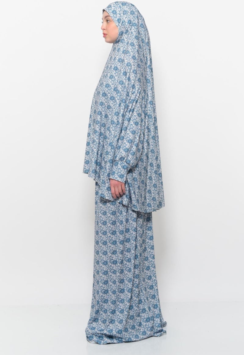 Altobeh Practical Two Piece Sun Patterned Bat Sleeves Lycra Hijab Prayer Dress with Headscarf 992 0327  - Image 3