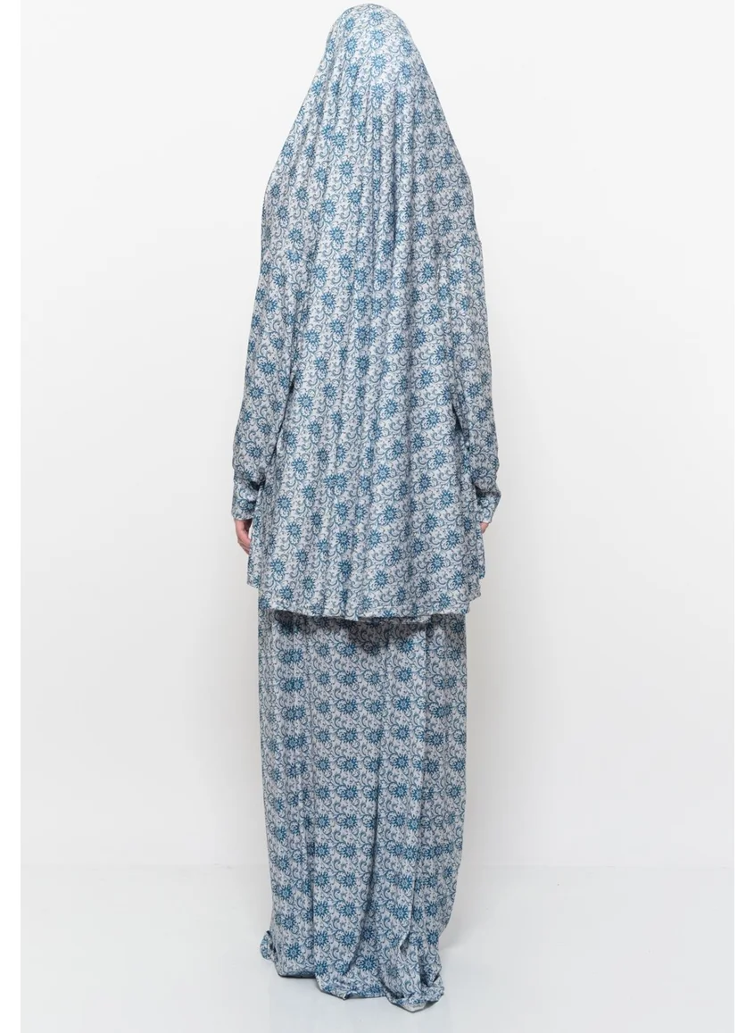 Altobeh Practical Two Piece Sun Patterned Bat Sleeves Lycra Hijab Prayer Dress with Headscarf 992 0327