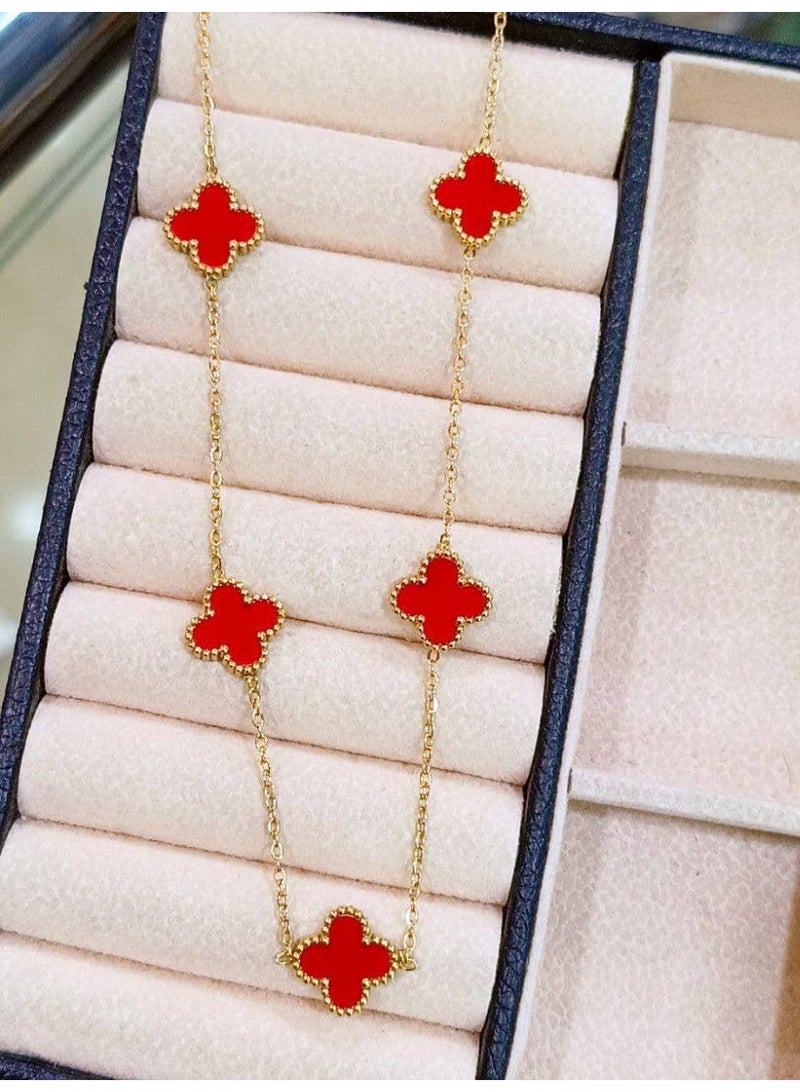 Luxuria 18K Gold Plated Stainless Steel Lucky Four-Leaf Clover Pendant for Women - Jewelry Gift Necklace for Women - Gold Red - Image 1
