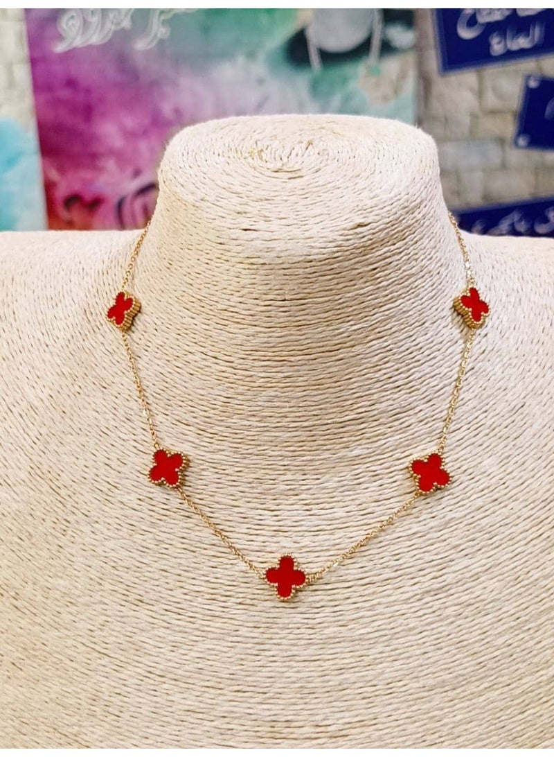 Luxuria 18K Gold Plated Stainless Steel Lucky Four-Leaf Clover Pendant for Women - Jewelry Gift Necklace for Women - Gold Red - Image 2