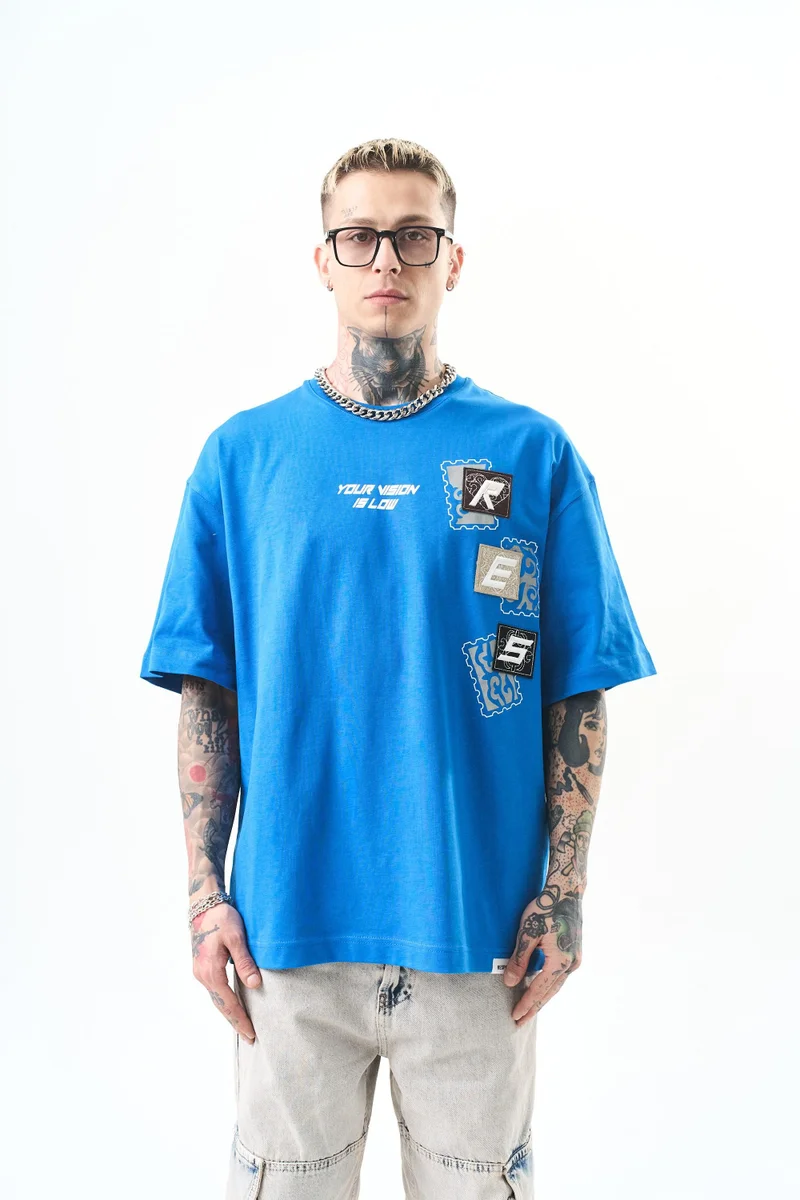ريسباير تي شيرت رجالي مقاس كبير (Oversize) مطرز بـ "Low Vision"، أزرق