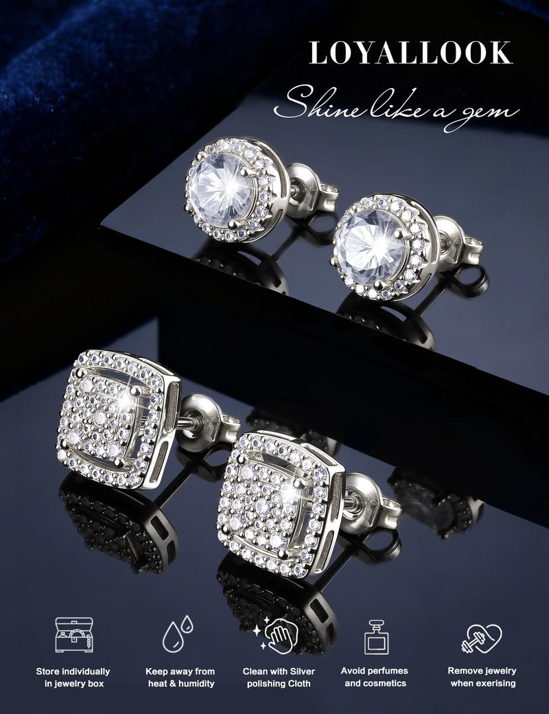 LOYALLOOK Cubic Zirconia Stud Earrings for Women Men Hypoallergenic 925 Sterling Silver Post Halo Studs Set Round Square Iced Out Earrings White Gold Plated Simulated Diamond Cut CZ Stud Earrings Set - Image 2
