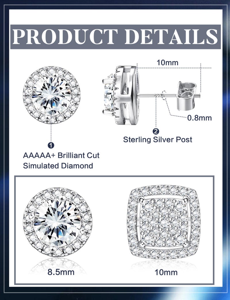 LOYALLOOK Cubic Zirconia Stud Earrings for Women Men Hypoallergenic 925 Sterling Silver Post Halo Studs Set Round Square Iced Out Earrings White Gold Plated Simulated Diamond Cut CZ Stud Earrings Set - Image 4