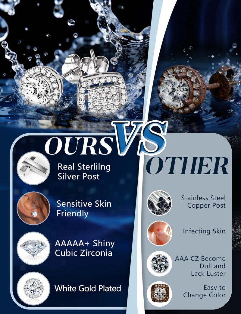 LOYALLOOK Cubic Zirconia Stud Earrings for Women Men Hypoallergenic 925 Sterling Silver Post Halo Studs Set Round Square Iced Out Earrings White Gold Plated Simulated Diamond Cut CZ Stud Earrings Set - Image 3