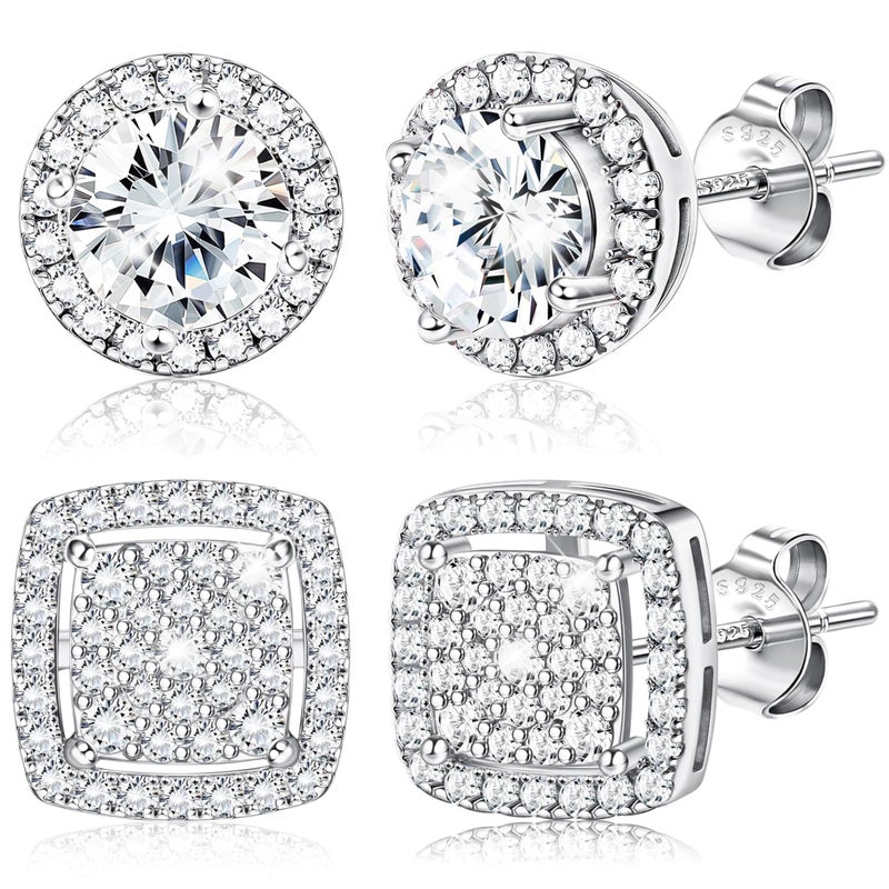 LOYALLOOK Cubic Zirconia Stud Earrings for Women Men Hypoallergenic 925 Sterling Silver Post Halo Studs Set Round Square Iced Out Earrings White Gold Plated Simulated Diamond Cut CZ Stud Earrings Set - Image 1