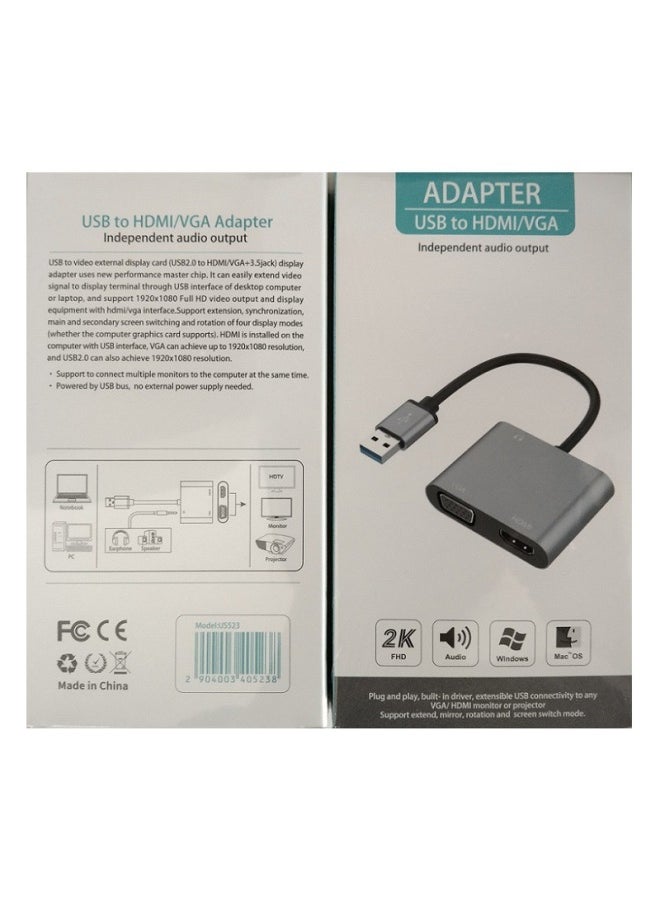 High Definition USB To HDMI VGA Adapter Converter External Notebook Graphics Card Extension Cable For Laptop Display Port-Number Of Interfaces:Gray Usb/type-c To Hdmi+vga