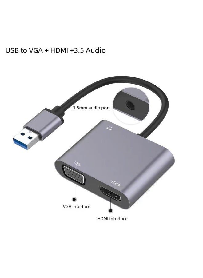 High Definition USB To HDMI VGA Adapter Converter External Notebook Graphics Card Extension Cable For Laptop Display Port-Number Of Interfaces:Gray Usb/type-c To Hdmi+vga