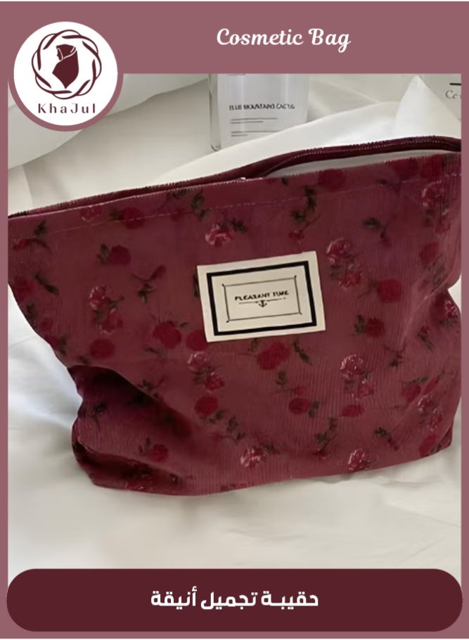 خاجول حقيبة تجميل سفر كبيرة السعة، حقيبة مستحضرات تجميل ومكياج ناعمة صغيرة وردية بتصميم أزهار، حقيبة سداسية بتصميم وردة حمراء للنساء، هدية لوصيفات العروس أو عيد الأم - Image 1