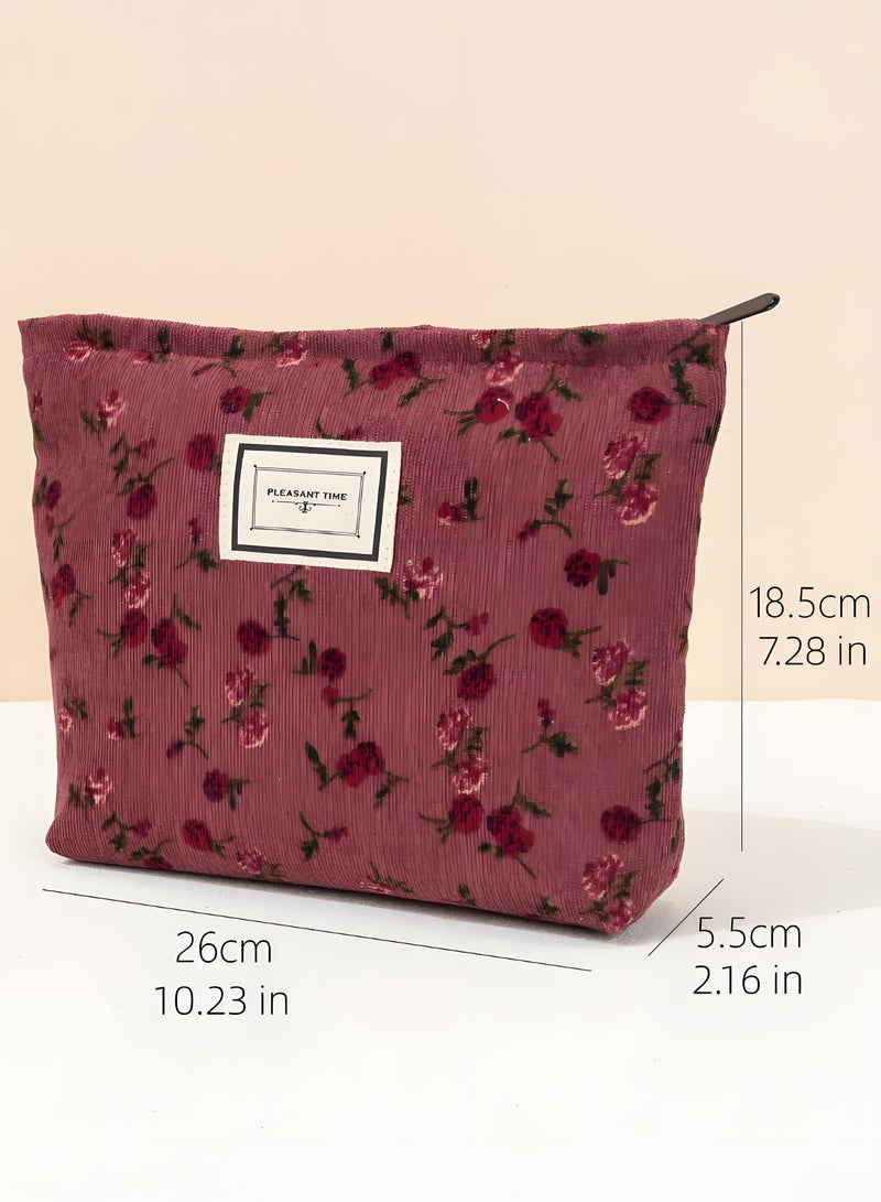 خاجول حقيبة تجميل سفر كبيرة السعة، حقيبة مستحضرات تجميل ومكياج ناعمة صغيرة وردية بتصميم أزهار، حقيبة سداسية بتصميم وردة حمراء للنساء، هدية لوصيفات العروس أو عيد الأم - Image 2