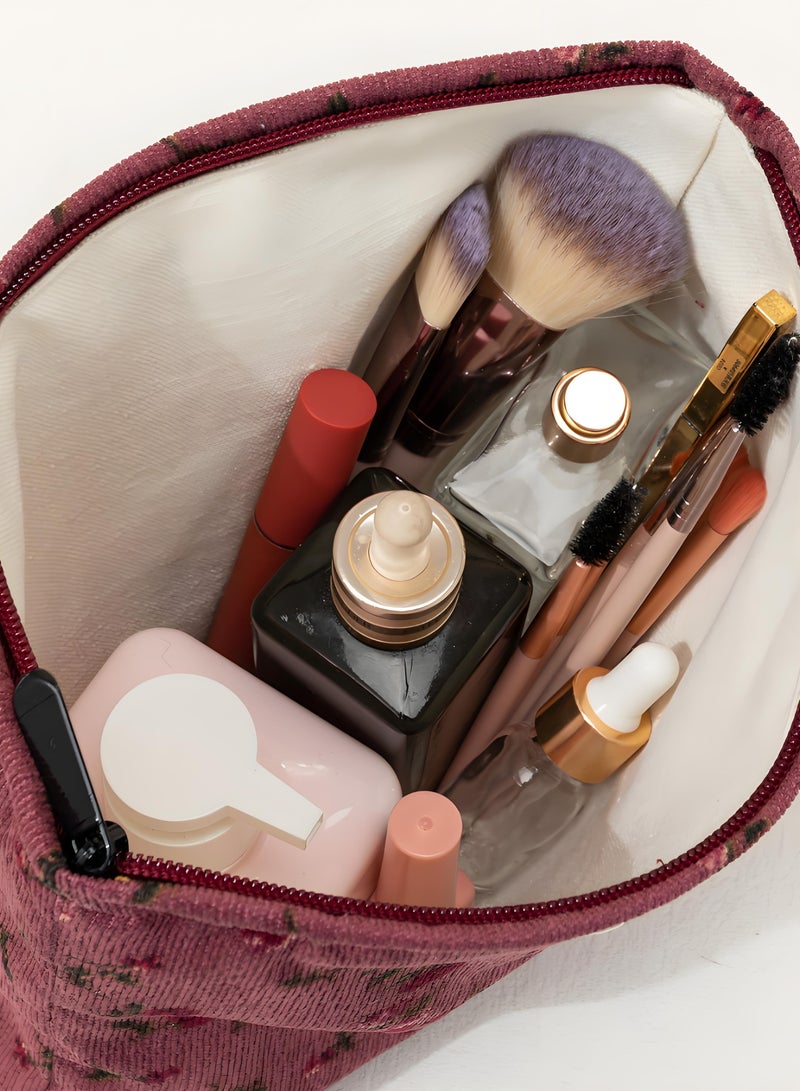 خاجول حقيبة تجميل سفر كبيرة السعة، حقيبة مستحضرات تجميل ومكياج ناعمة صغيرة وردية بتصميم أزهار، حقيبة سداسية بتصميم وردة حمراء للنساء، هدية لوصيفات العروس أو عيد الأم - Image 3