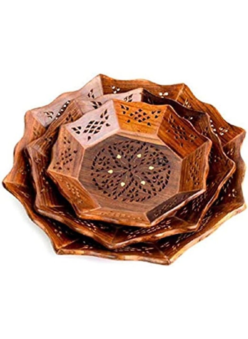 QUESERA Wooden Serving Tray with brass inlay work Plate Butler Tray for Eating Parties Serving Platters Set of 3 12 Inch - Image 1