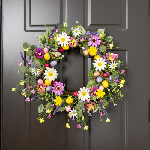 MG MagicGarden Artificial Easter Wreath 22 Inch Easter Wreaths for Front Door Colorful Egg Wreath with Flowers Green Leaves for Spring Summer Wall Porch Farmhouse - Image 3