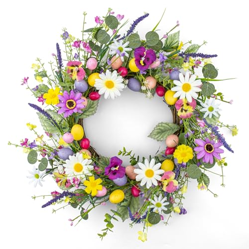 MG MagicGarden Artificial Easter Wreath 22 Inch Easter Wreaths for Front Door Colorful Egg Wreath with Flowers Green Leaves for Spring Summer Wall Porch Farmhouse - Image 1