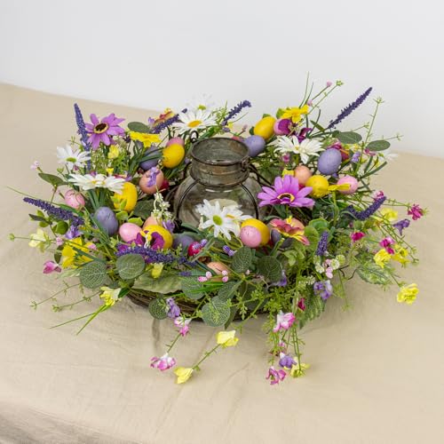 MG MagicGarden Artificial Easter Wreath 22 Inch Easter Wreaths for Front Door Colorful Egg Wreath with Flowers Green Leaves for Spring Summer Wall Porch Farmhouse - Image 4