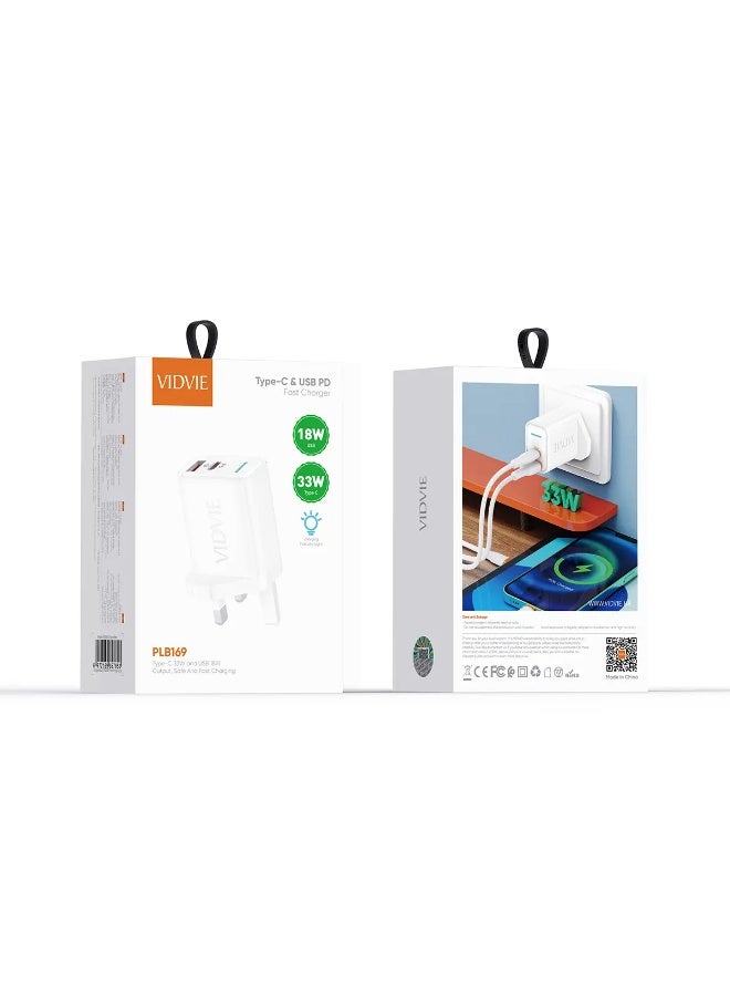 فيديفي شاحن حائط سريع VIDVIE PLB169 بقوة 33 واط مع منفذ Type-C ومنفذ USB-A – يدعم PD/PPS - Image 1