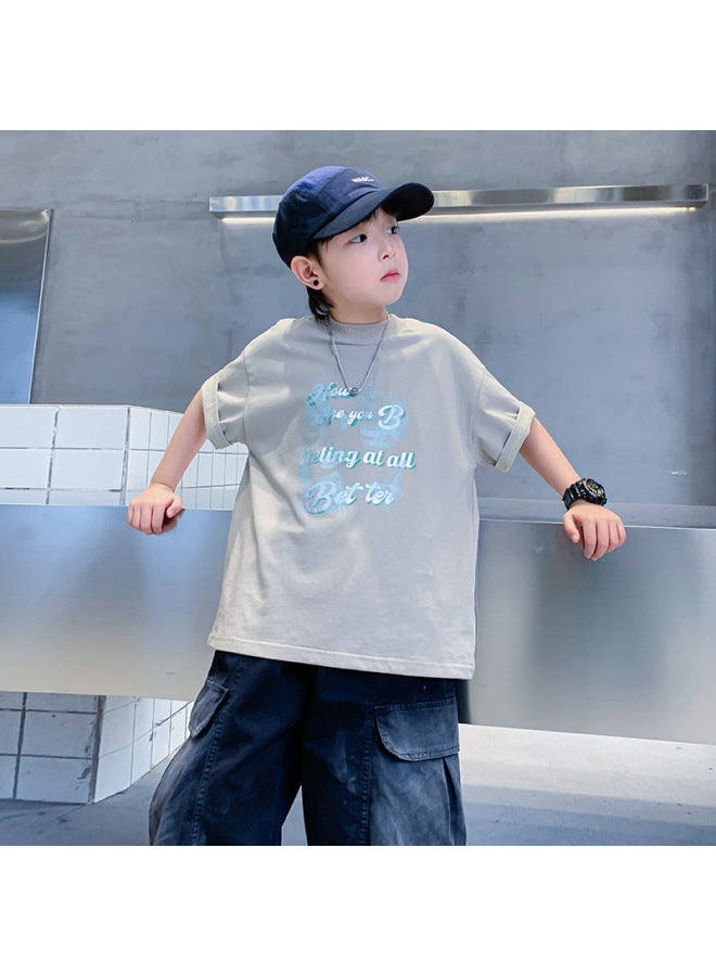 Men's Big Children's Summer Wear Korean Style Cotton Short-sleeved T-shirt New Arrival Children's Boy's Summer Loose T-shirt Tops Trendy