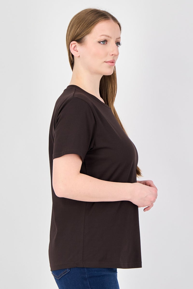 Fudo Comforts By Fudo Women Crew Neck Short Sleeve Plain T-Shirt, Coffee Brown - Image 2