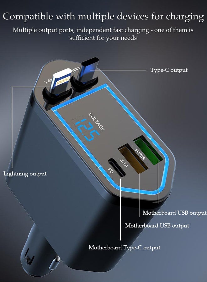 DUNISO 5 in 1 Car Charger with LED Ambient Light and Digital display,Double telescopic cable,2 USB Ports Fast Car Chargers Adapter,Adjustable 180-Degree Charging Plug - Image 4