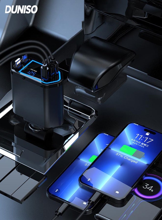 DUNISO 5 in 1 Car Charger with LED Ambient Light and Digital display,Double telescopic cable,2 USB Ports Fast Car Chargers Adapter,Adjustable 180-Degree Charging Plug - Image 1