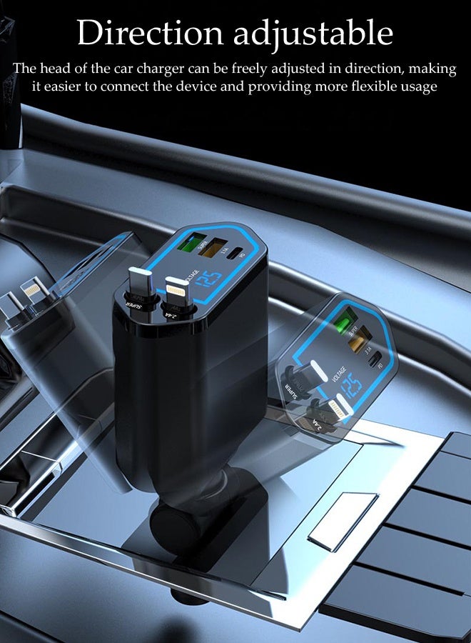 DUNISO 5 in 1 Car Charger with LED Ambient Light and Digital display,Double telescopic cable,2 USB Ports Fast Car Chargers Adapter,Adjustable 180-Degree Charging Plug - Image 5