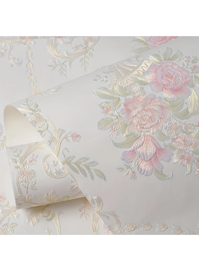Zeemey 1 Roll 3D Floral Wallpaper, Self-Adhesive Non-Woven Fabric, Removable Pink and Golden Flower Pattern for Bedroom and Living Room Decor, Bedroom Decor(53*500CM) - Image 2