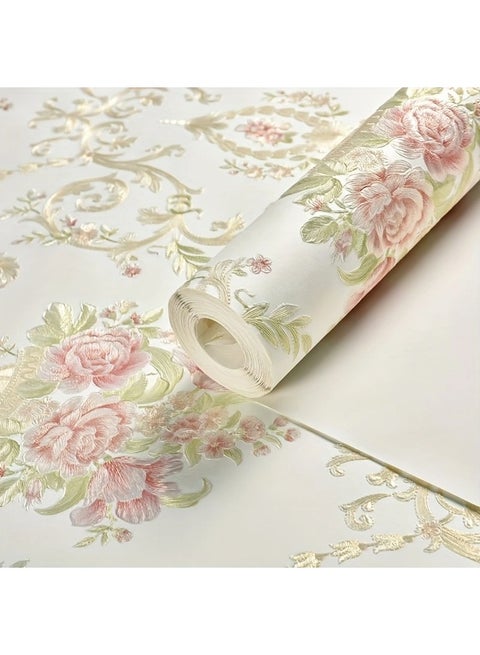 لفة واحدة من ورق الحائط الزهري ثلاثي الأبعاد، قماش غير منسوج ذاتي اللصق، قابل للإزالة بنمط زهور وردية وذهبية لديكور غرفة النوم وغرفة المعيشة، ديكور غرفة النوم (53*500 سم)