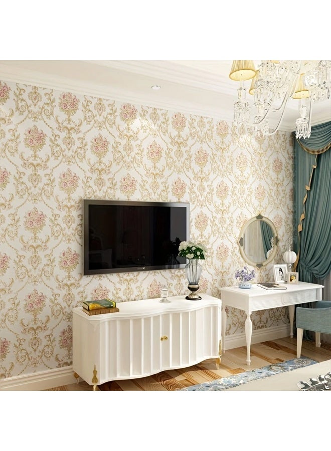 Zeemey 1 Roll 3D Floral Wallpaper, Self-Adhesive Non-Woven Fabric, Removable Pink and Golden Flower Pattern for Bedroom and Living Room Decor, Bedroom Decor(53*500CM) - Image 3