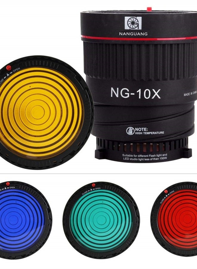 EXMAX NG-10X Fresnel Lens Focusing Adapter Fresnel Spot S-Mount Adapter Attachment 10-40° 5X Brighter Focus Lens Adjust for godox sl-60w Bowens Mount Studio Light Flash LED Light 4 Color Gel Filters - Image 4