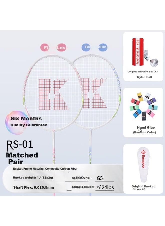 Kumpoo Badminton Racket Set, Ultra-light Carbon Fiber Xunfeng Rs01 Pair, First Love Pink + Blue (pre-strung) - Image 1