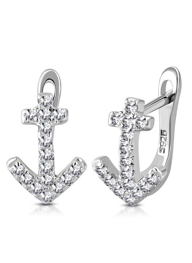 My Daily Styles - 925 Sterling Silver White Clear Cz Anchor Hoop Huggie Earrings - Image 1