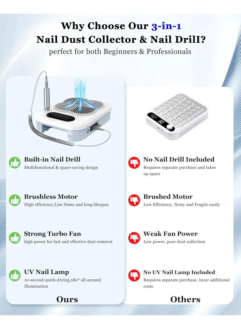 Walpck 3-in-1 Nail Dust Collector Vacuum with Electric Nail Drill File & UV LED Nail Lamp - Low Noise Dust Collector with Reusable Filter & Bits for Acrylic Nail Tech Home/Salon Use/Beginners Manicure Tools - Image 2