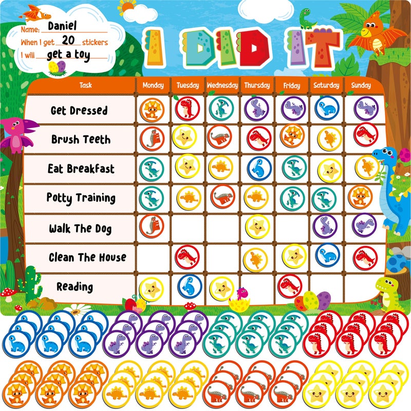 SpriteGru Magnetic Reward Chart, Dry Erase Task Board-One Chart & 72 Magnetic Reward Magnets, Dinosaur Theme Behavior Tracker for Daily Routine, Potty Training - Image 1