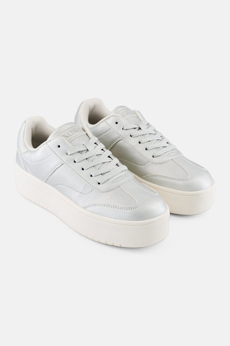 XOXO Women Lace Up Casual Shoes, Silver - Image 1