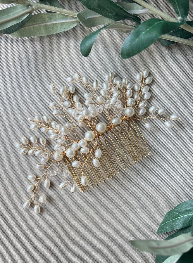 DORMITORRY Bridal Hair Comb with Pearls, Gold Wedding Hairpiece, Handmade Crystal and Pearl Hair Accessory for Brides, Elegant Hair Decoration for Weddings and Special Occasions - 1 Pcs - Image 2