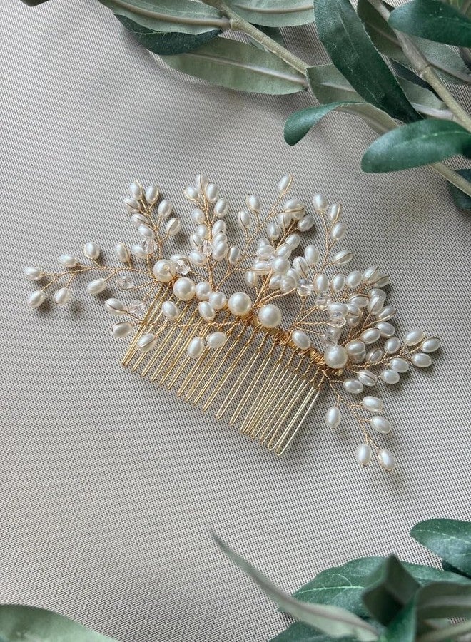 DORMITORRY Bridal Hair Comb with Pearls, Gold Wedding Hairpiece, Handmade Crystal and Pearl Hair Accessory for Brides, Elegant Hair Decoration for Weddings and Special Occasions - 1 Pcs - Image 1