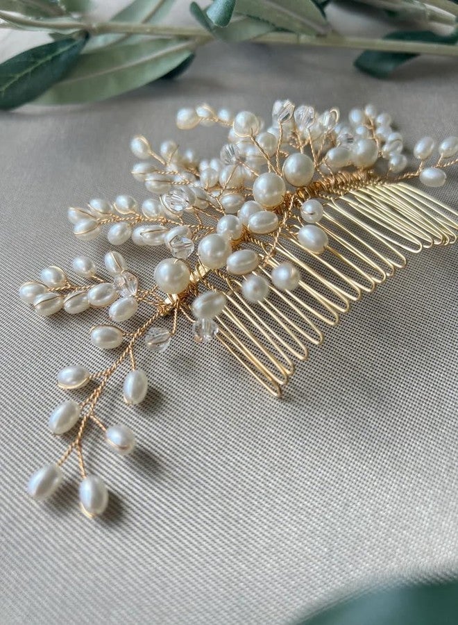 DORMITORRY Bridal Hair Comb with Pearls, Gold Wedding Hairpiece, Handmade Crystal and Pearl Hair Accessory for Brides, Elegant Hair Decoration for Weddings and Special Occasions - 1 Pcs - Image 5