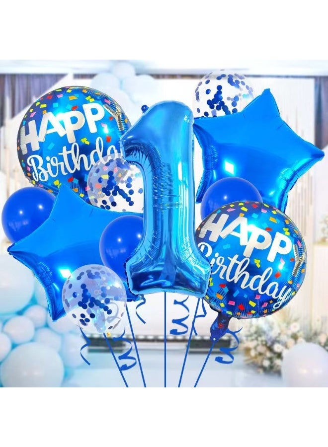 13Pcs Blue 1st Birthday Balloon Set – 32 Number 1 Foil Balloon, Happy Birthday Round Balloons, Star Balloons & Confetti Balloons Party Decoration Kit for Boys - Image 2