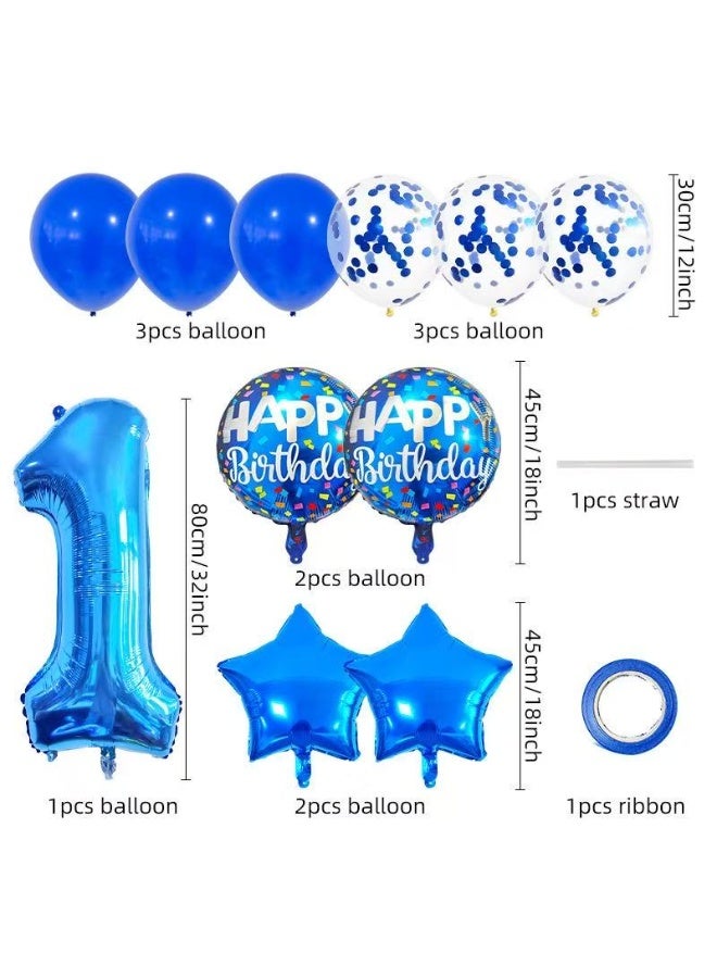 13Pcs Blue 1st Birthday Balloon Set – 32 Number 1 Foil Balloon, Happy Birthday Round Balloons, Star Balloons & Confetti Balloons Party Decoration Kit for Boys - Image 3