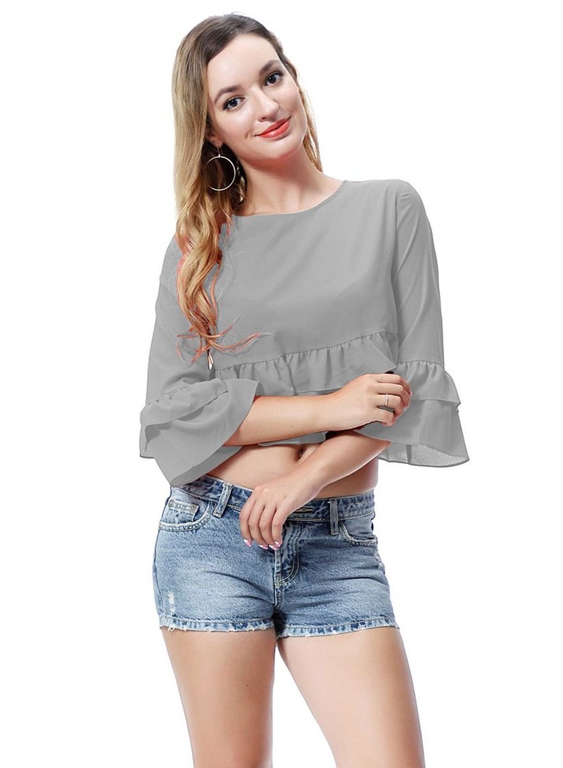 إسكدنيا Women's Solid Color Round Neck Top Loose Ruffled Blouse Grey 