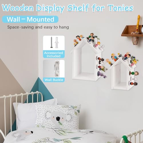 Exttlliy for Tonies Shelf Magnetic - for Tonies Figure Organizer Kids Room, Wooden Display Shelf for Tonies Box Holder, Wall Floating Shelves Toy Storage, House Shape Set of 2 with 38Pcs Metal Plate (White) - Image 5