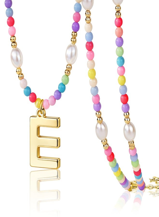 Poxtex Cute E Initial Necklaces for Girls Women Trendy Dainty Colorful Beaded Pearl Letter Choker Lockets Necklace for Kids Handmade 14K Gold Plated Christmas Birthday Jewelry Gifts for Teen Girls - Image 1