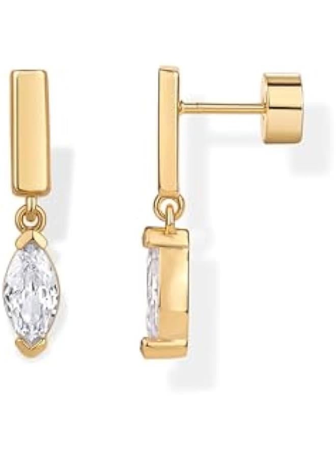 PAVOI 14K Gold Plated Sterling Silver Posts Mini Bar Drop Dangle Flatback Earrings for Women | Dainty Helix Cartilage Piercing Jewelry | Baguette Bezel Marquise Pearl Cubic Zirconia Screwback Stud Earrings - Image 1