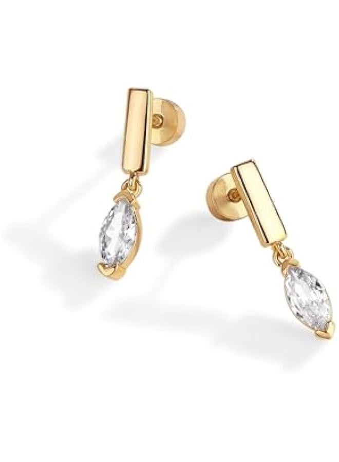 PAVOI 14K Gold Plated Sterling Silver Posts Mini Bar Drop Dangle Flatback Earrings for Women | Dainty Helix Cartilage Piercing Jewelry | Baguette Bezel Marquise Pearl Cubic Zirconia Screwback Stud Earrings - Image 3