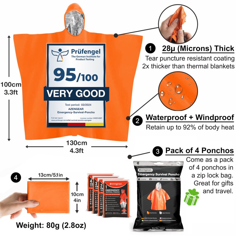 aZengear Emergency Survival Poncho (4pc) Thermal Mylar Foil Coating Blanket for Heat Retention and Rain | Reversible with Hood | Waterproof, Windproof, Portable, Hands-Free, Outdoor Kit - Image 2