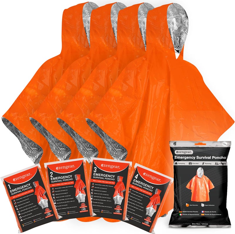 aZengear Emergency Survival Poncho (4pc) Thermal Mylar Foil Coating Blanket for Heat Retention and Rain | Reversible with Hood | Waterproof, Windproof, Portable, Hands-Free, Outdoor Kit - Image 1