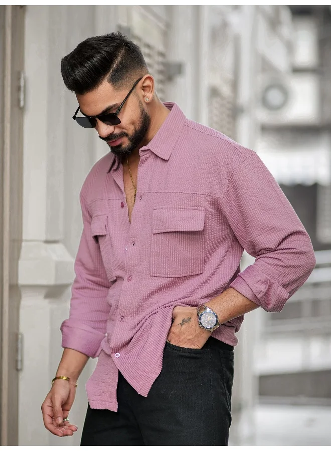 مانياك قميص رجالي قطن وردي واسع بياقة وأكمام كاملة وجيبين