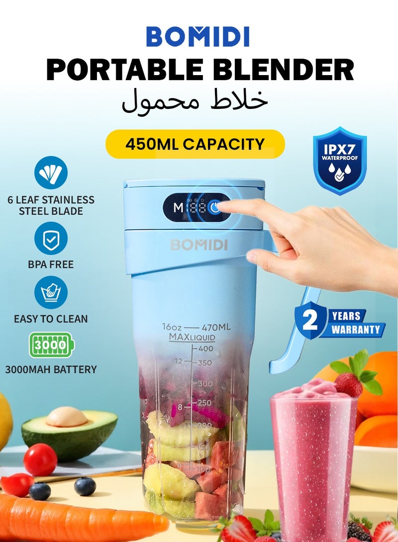BOMIDI Portable Blender | Smoothie Maker | Protein Blender with 6-Leaf Stainless Steel | Yoga & Gym Essential | Cordless Type-C Charging | IPX7 Waterproof | BPA-Free Juicer Blender for Home & Outdoor (16oz/450mL) | JB01-Blue - Image 3