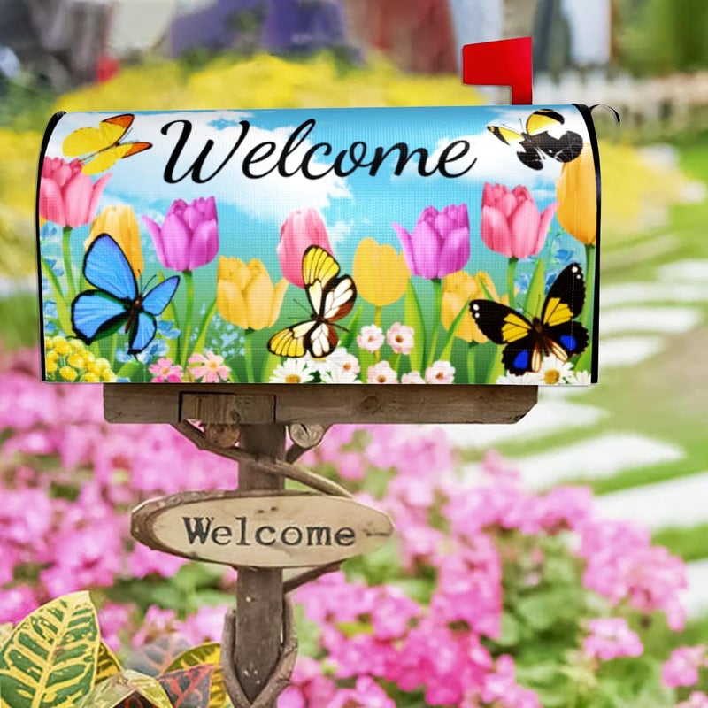 ARKUKT Summer Spring Flowers Mailbox Cover Magnetic Welcome Tulip Butterflies Mailbox Wraps Post Letter Box Cover for Garden Yard Home Decor Standard Size 21" x 18" - Image 5